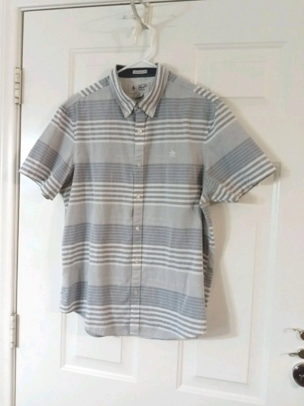 Penguin Gray Striped Men's L Embroidered Logo Heritage Slim Fit Button Up Shirt